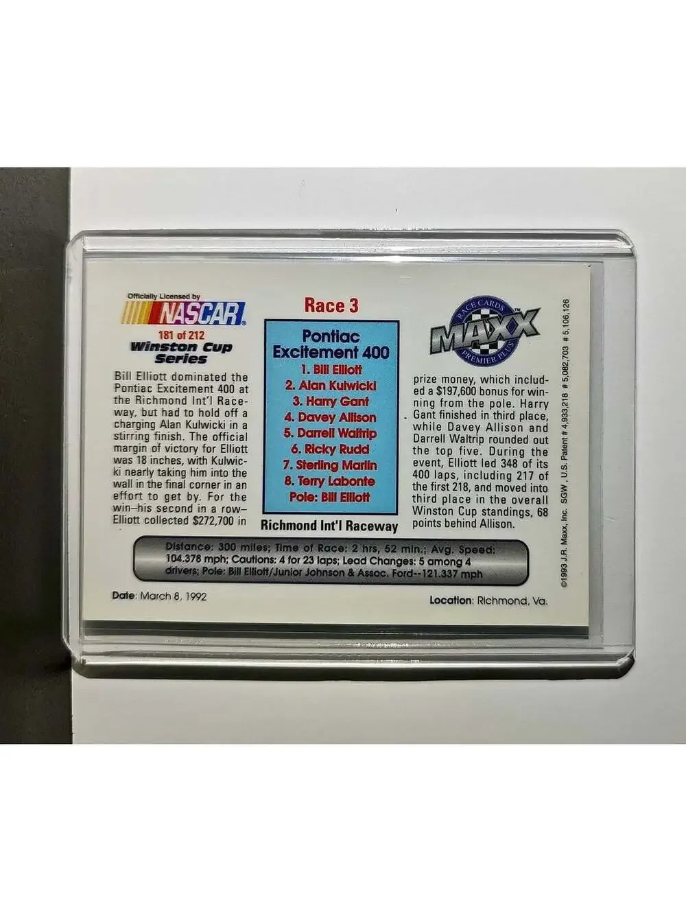 Race 3 Richmond YR 1993 Maxx Premier Plus Racing #181 NASCAR Card Junior Johnson